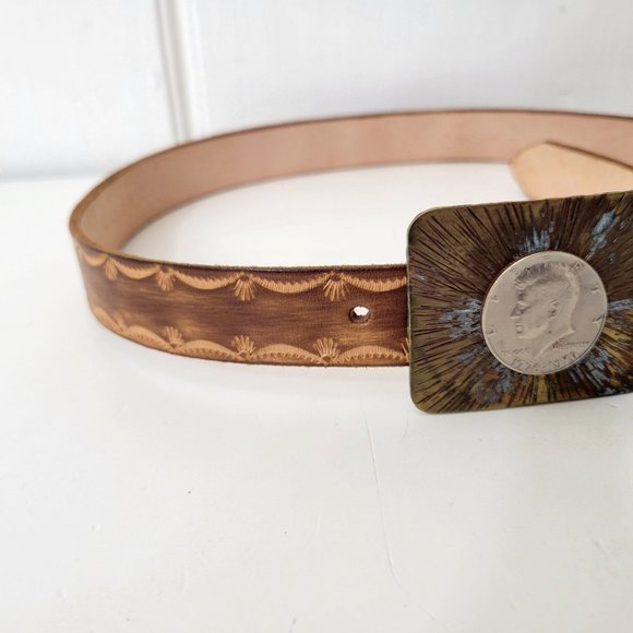 Tooled Leather Belt with Kennedy Coin Buckle - Picture 5 of 6